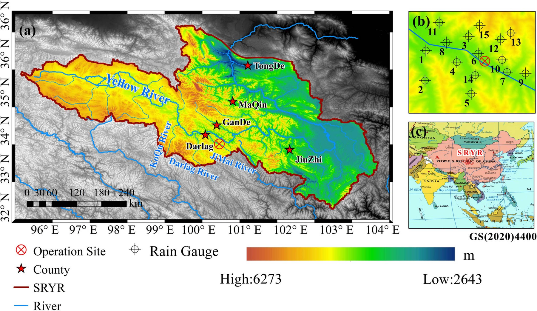 Geographic location of acoustic interference experiments in the SRYR and rain gauge distribution