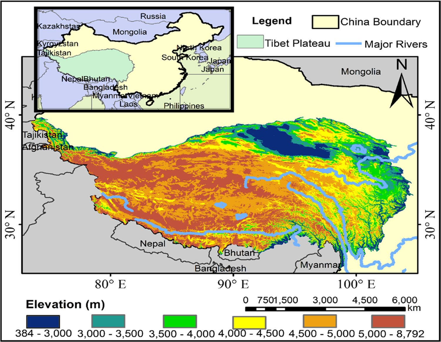 Geographical map of Tibetan Plateau elevation and major rivers