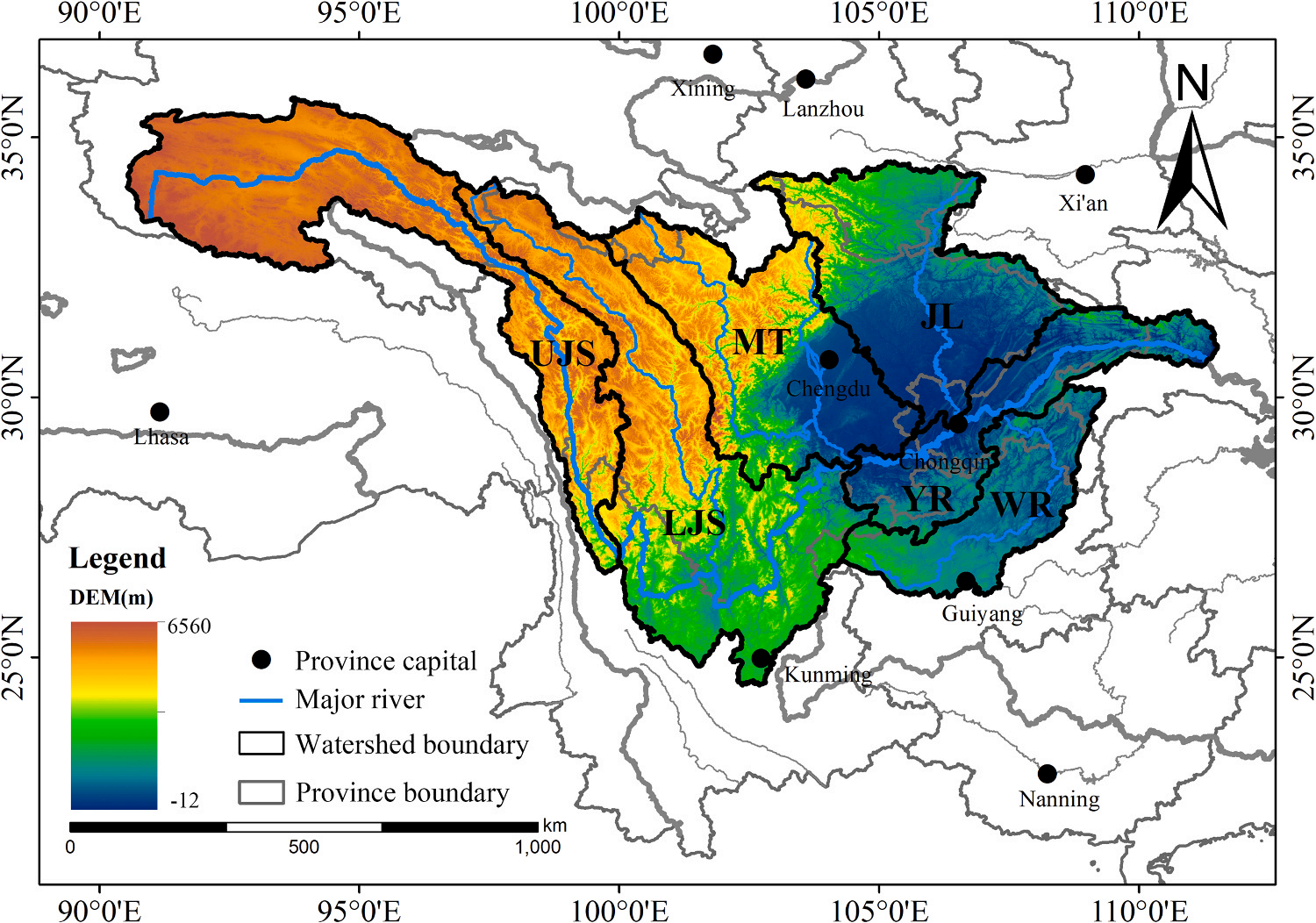 Study area of the upper Yangtze River region