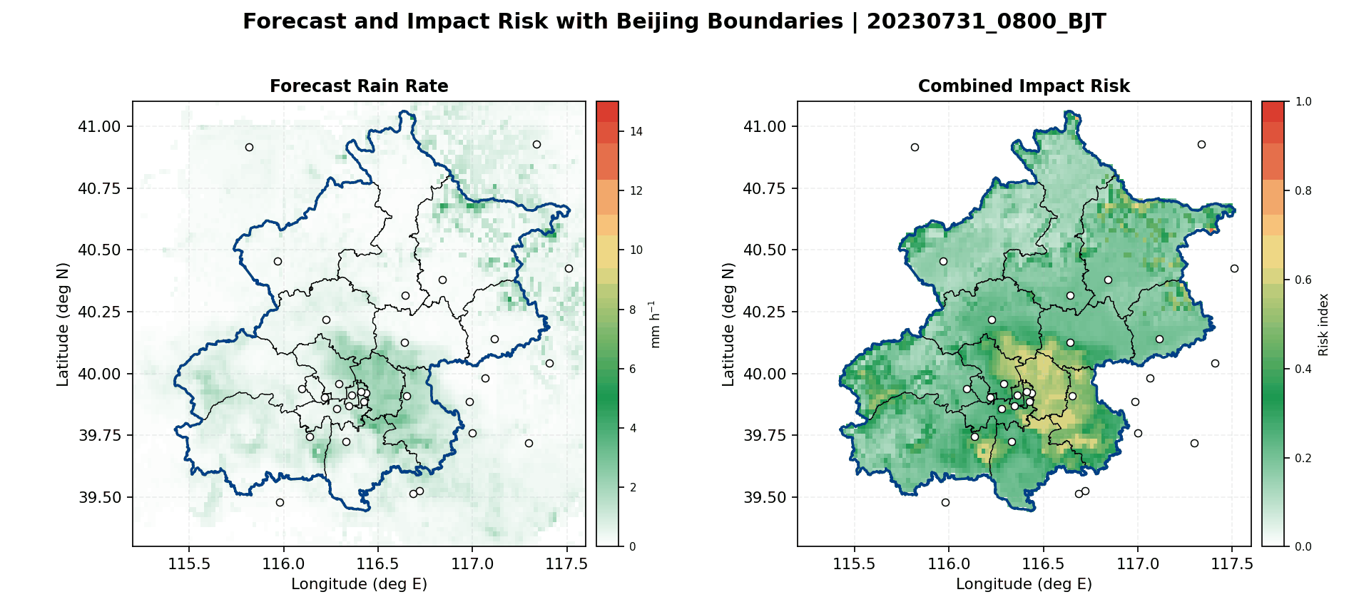 Dynamic forecast rain rate and combined impact risk with Beijing boundaries