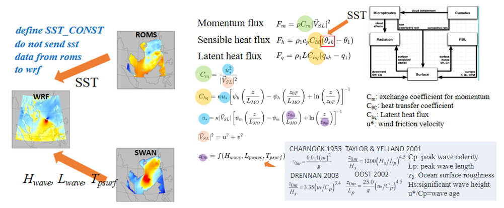 SST exchange and surface flux wave roughness coupling among WRF ROMS and SWAN