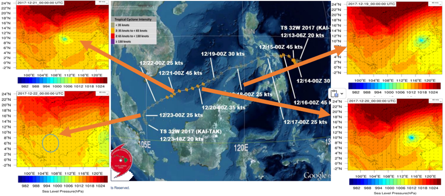 Typhoon Kai Tak track and modeled sea level pressure validation around Singapore and the South China Sea