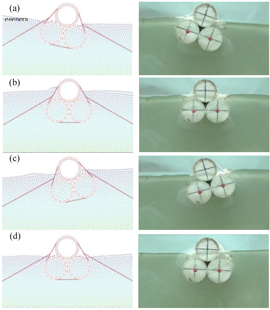 Numerical snapshots and laboratory photographs of tri-buoy floating breakwater motion